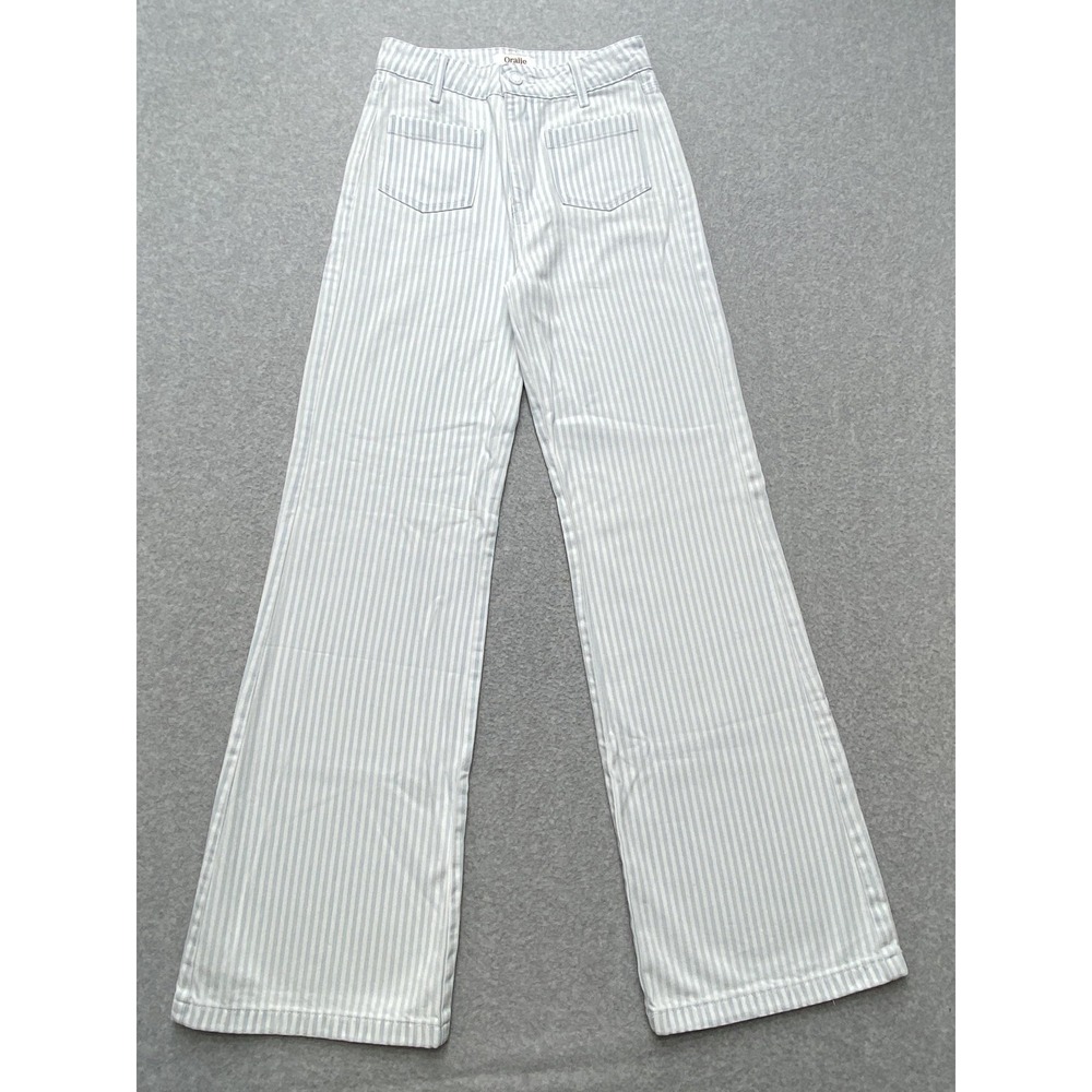 Wide Leg Striped Pants - White & Light Gray